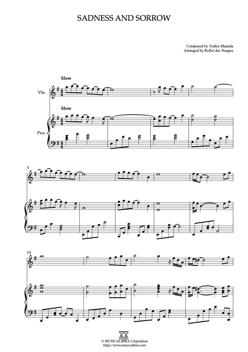 Sheet music of Sadness and Sorrow arranged for violin and piano duet chamber ensemble preview page 1