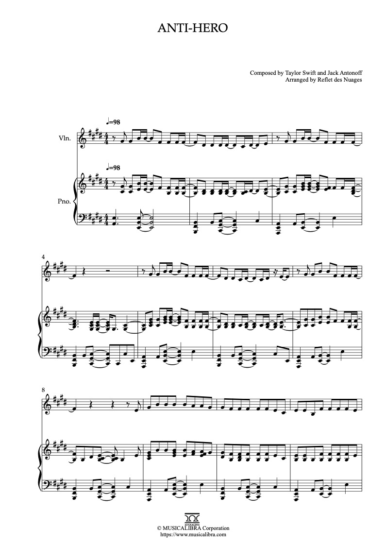 Sheet music of Taylor Swift Anti-hero arranged for violin and piano duet preview page 1