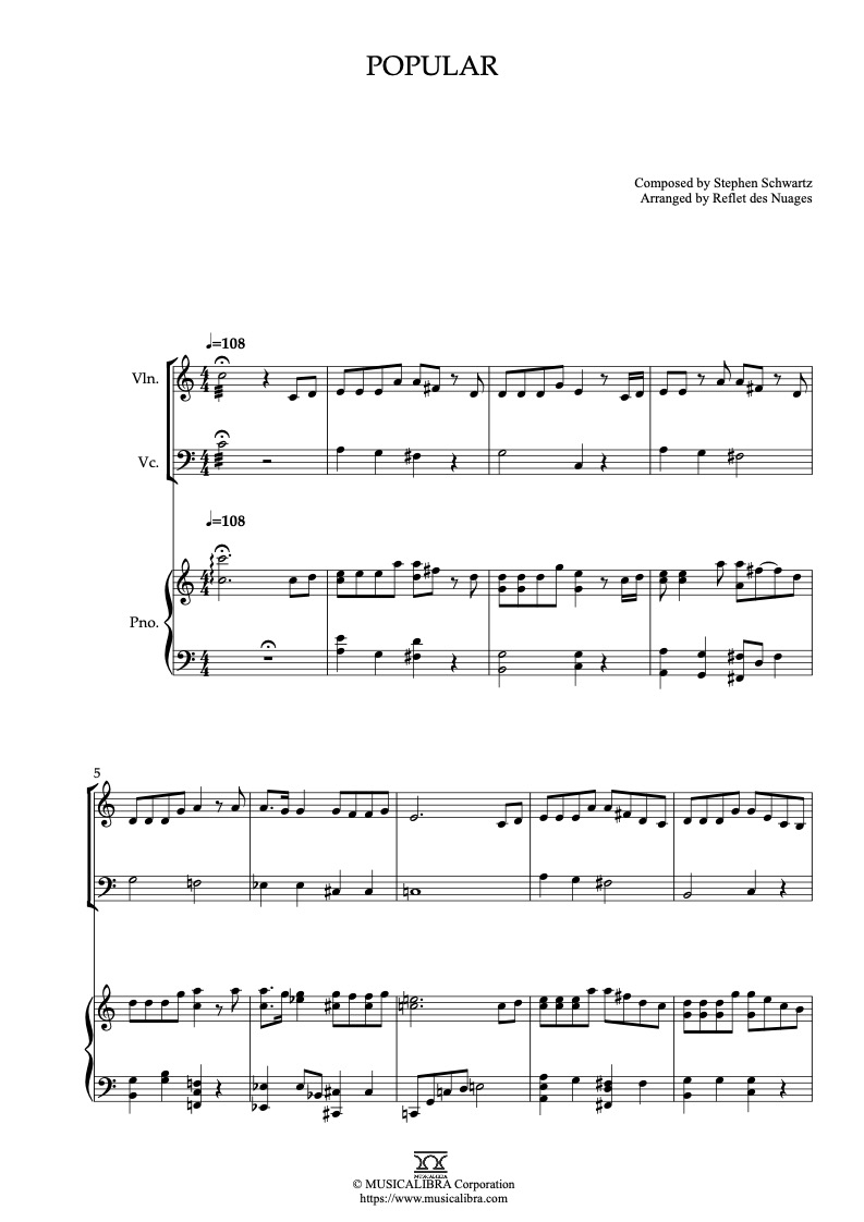 Sheet music of Wicked Popular arranged for violin, cello and piano trio chamber ensemble preview page 1