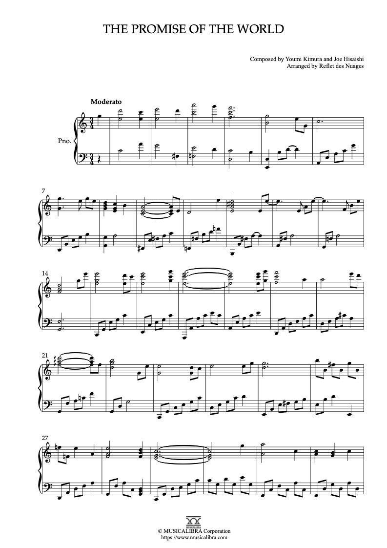 Partitura de Howl's Moving Castle The Promise of the World arreglada para piano solo