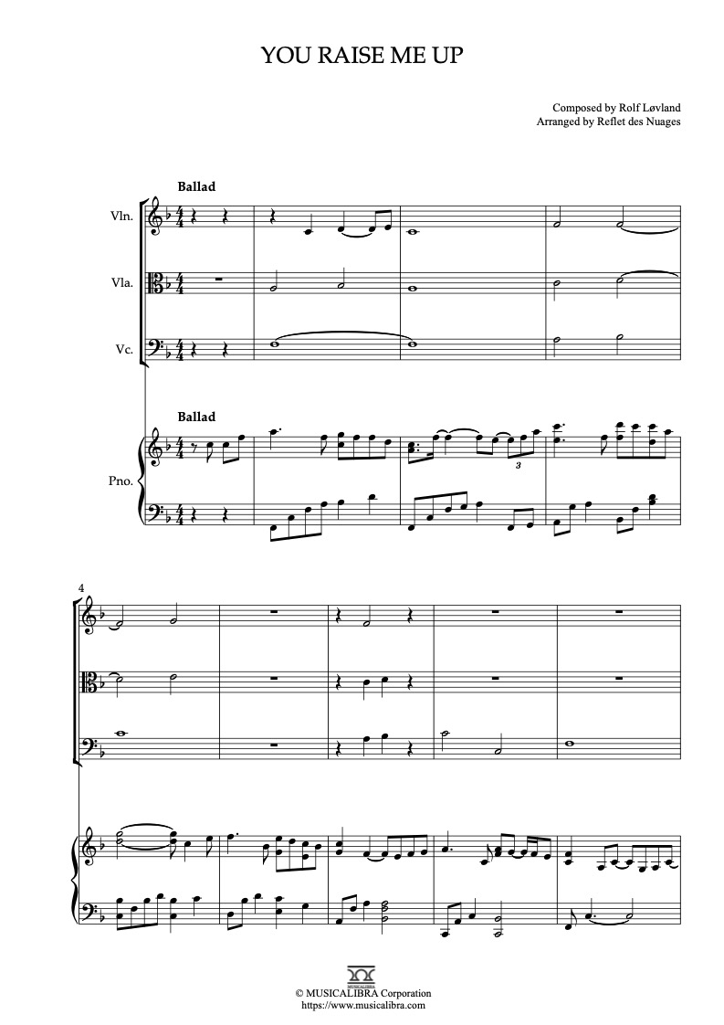 Partitura de You Raise Me Up arreglada para cuarteto de violín, viola, violonchelo y piano