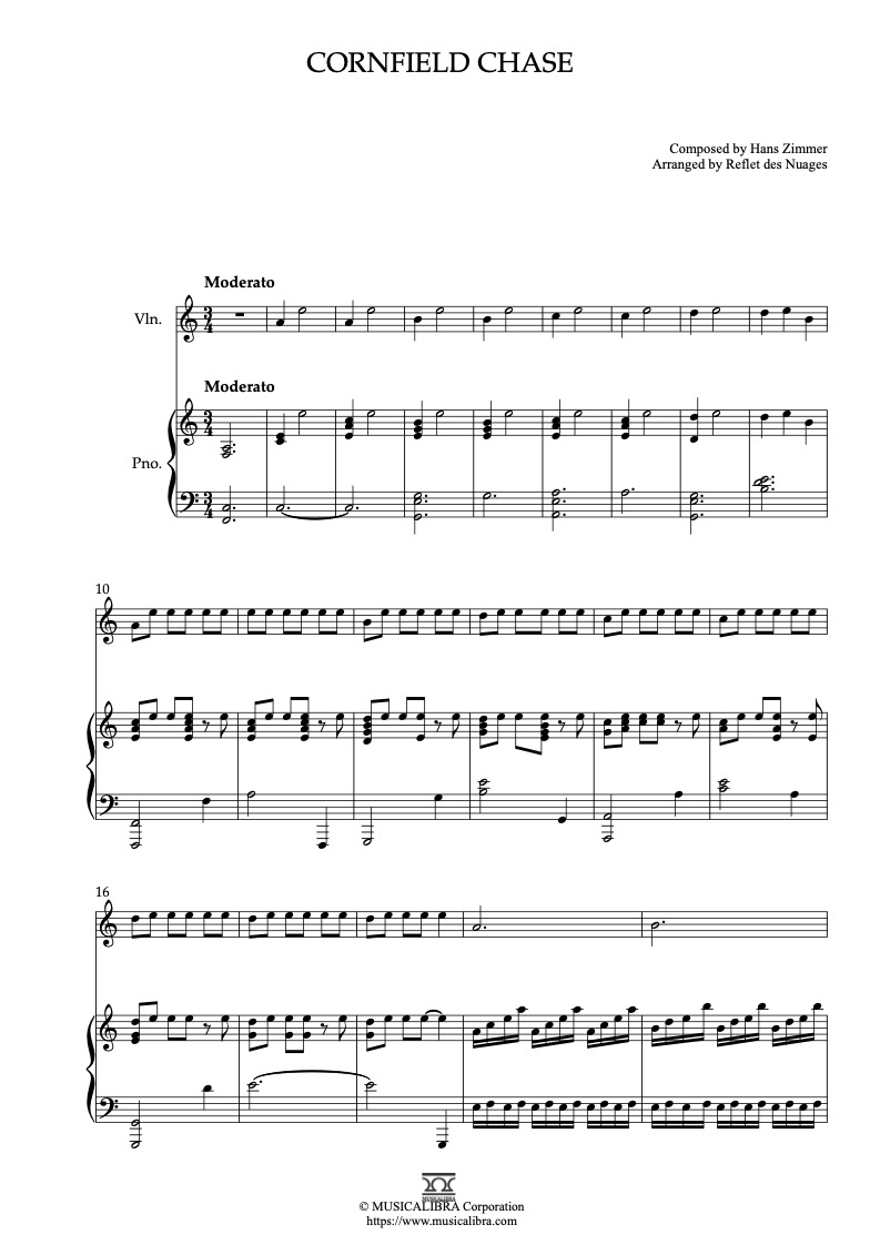 Interstellar Theme Cornfield Chase 二重奏 乐谱 - 小提琴, 钢琴