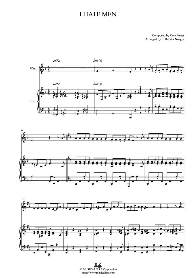Partitura de Kiss Me, Kate I Hate Men arreglada para dueto de violín y piano