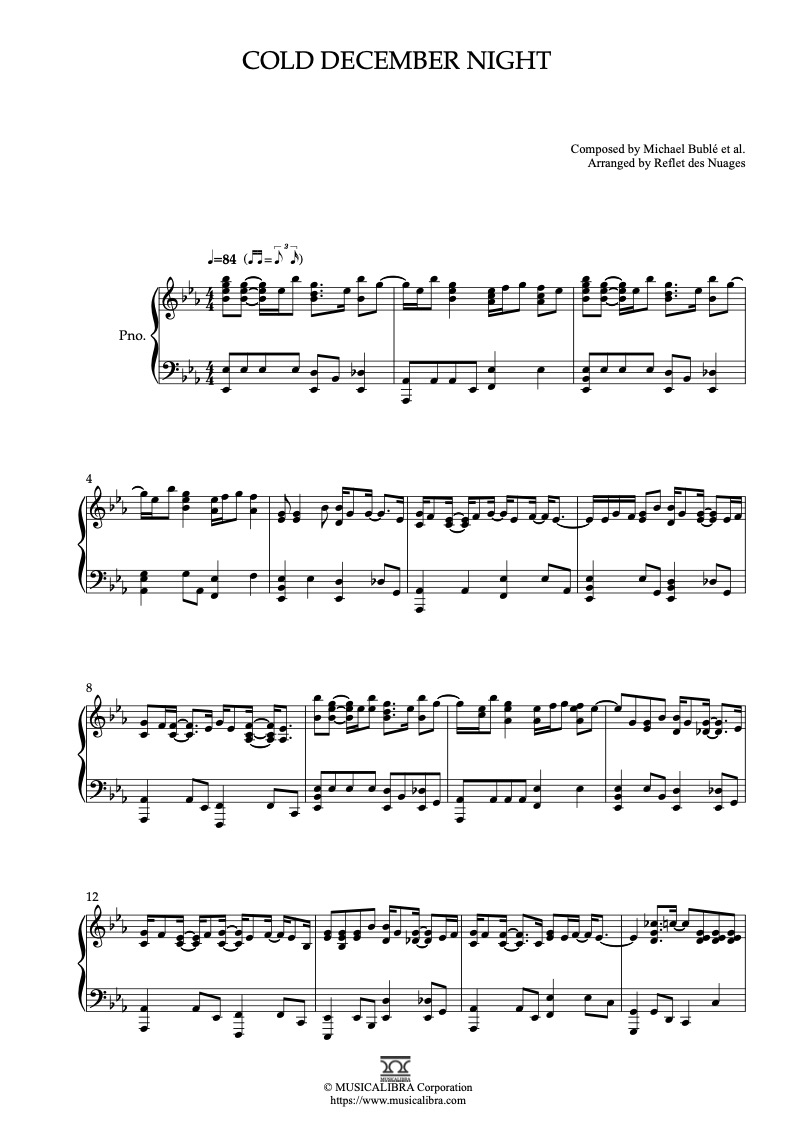 Partitura de Michael Bublé Cold December Night arreglada para piano solo