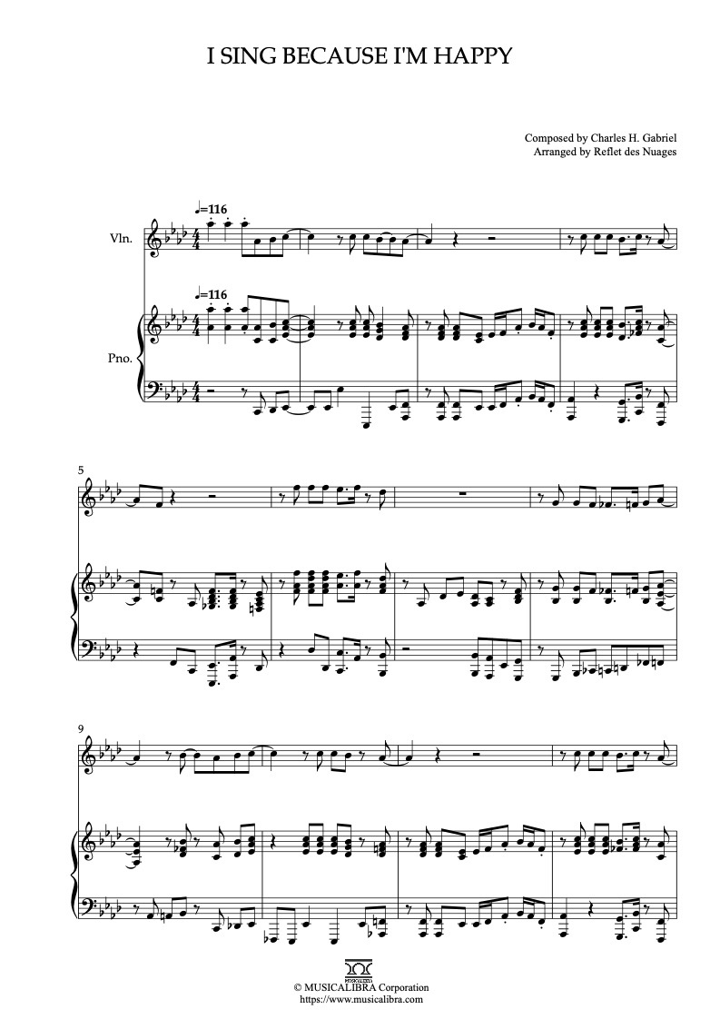 Sheet music of I Sing Because I'm Happy arranged for violin and piano duet preview page 1