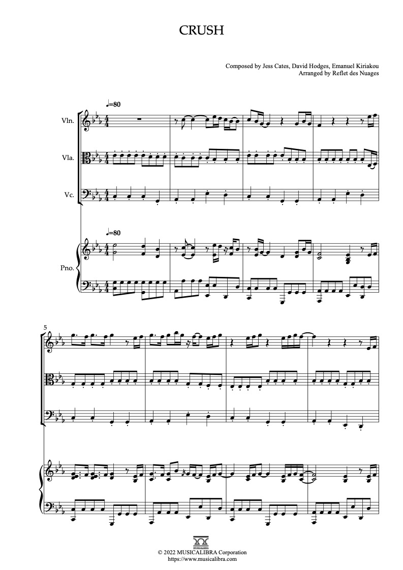 Crush(David Archuleta) 編曲楽譜 - ヴァイオリン、ビオラ、チェロ、ピアノ 室内楽 カルテット アンサンブル