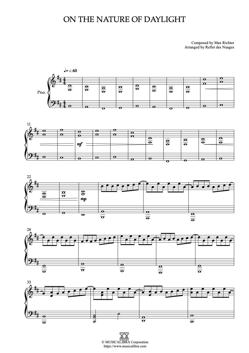 Partitura de Arrival On the Nature of Daylight arreglada para piano solo