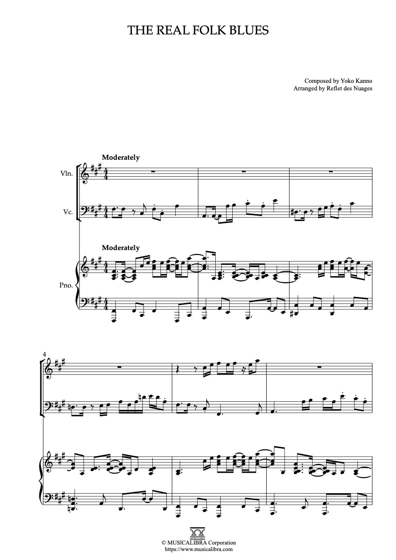 Partitura de Cowboy Bebop The Real Folk Blues arreglada para trío de violín, violonchelo y piano