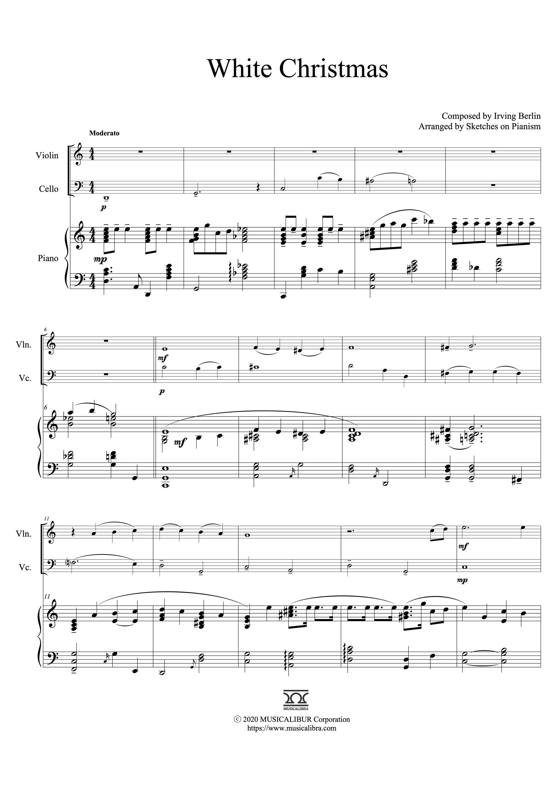 Sheet music of White Christmas arranged for violin, cello and piano trio preview page 1