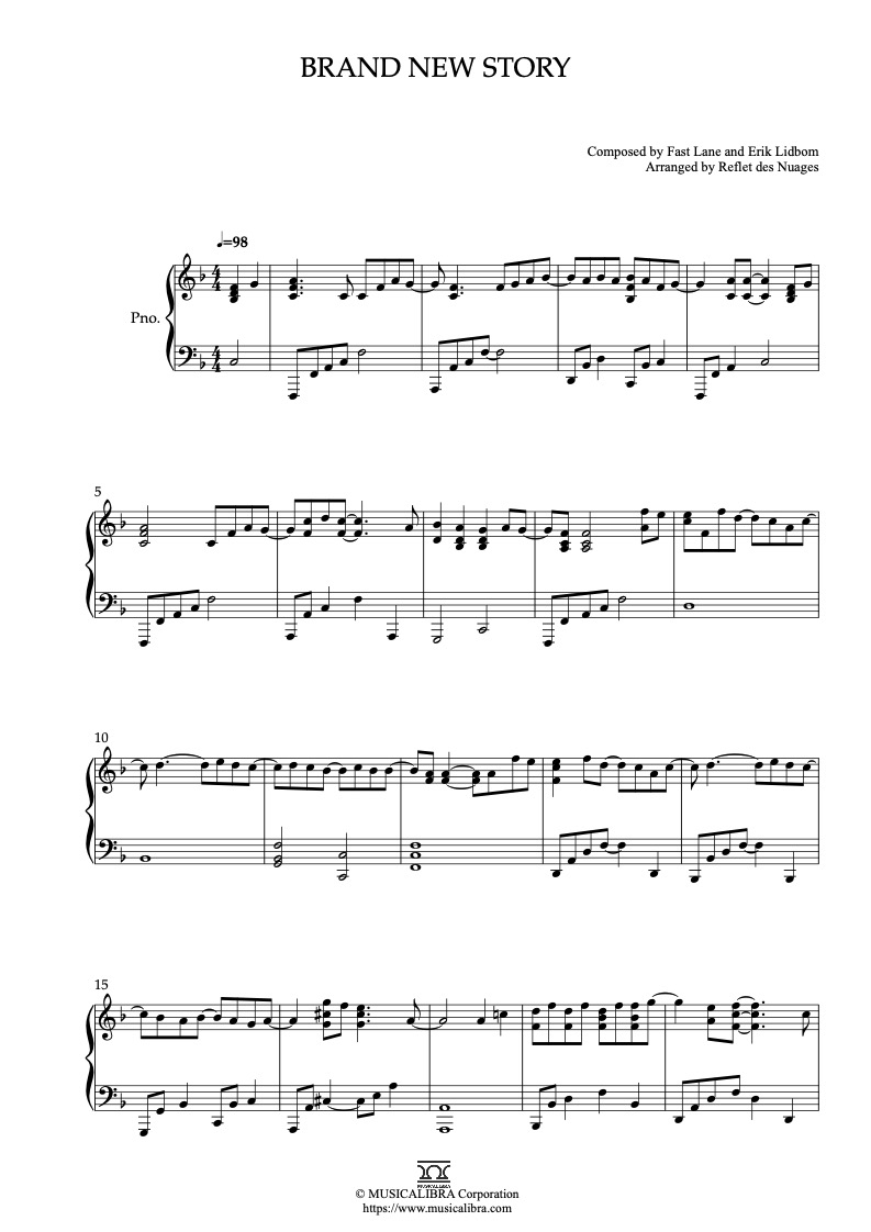 Partitura de Brand New Story arreglada para piano solo
