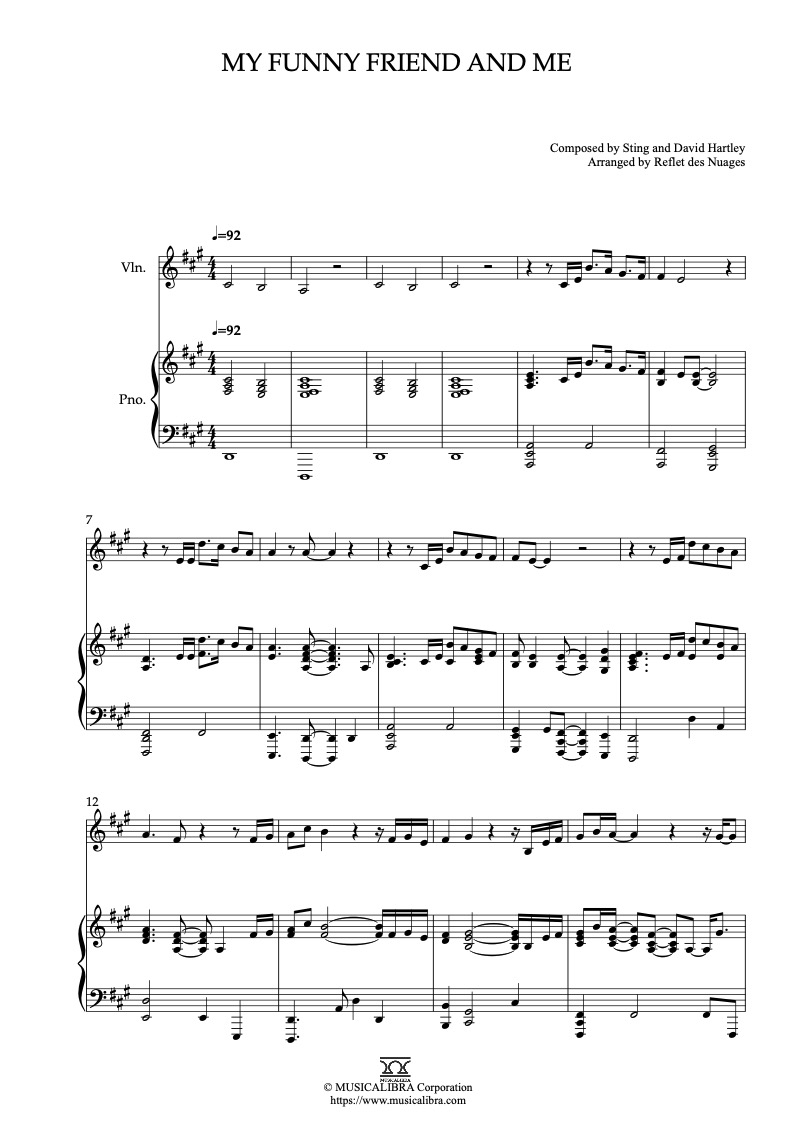 Partitura de The Emperor's New Groove My Funny Friend and Me arreglada para dueto de violín y piano