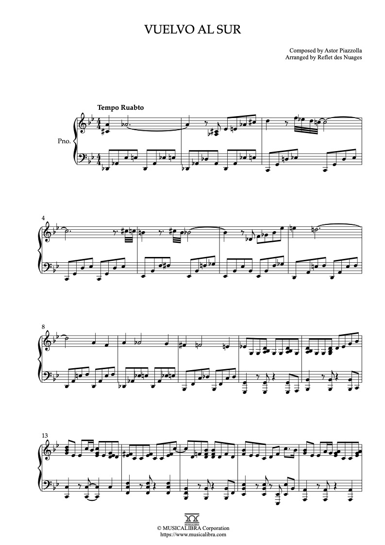 Partitura de Astor Piazzola Vuelvo al Sur arreglada para piano solo