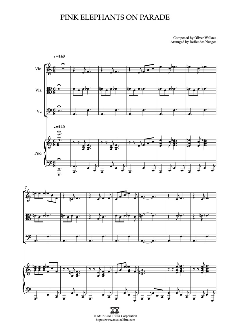 Sheet music of Dumbo Pink Elephants on Parade arranged for violin, viola, cello and piano quartet chamber ensemble preview page 1