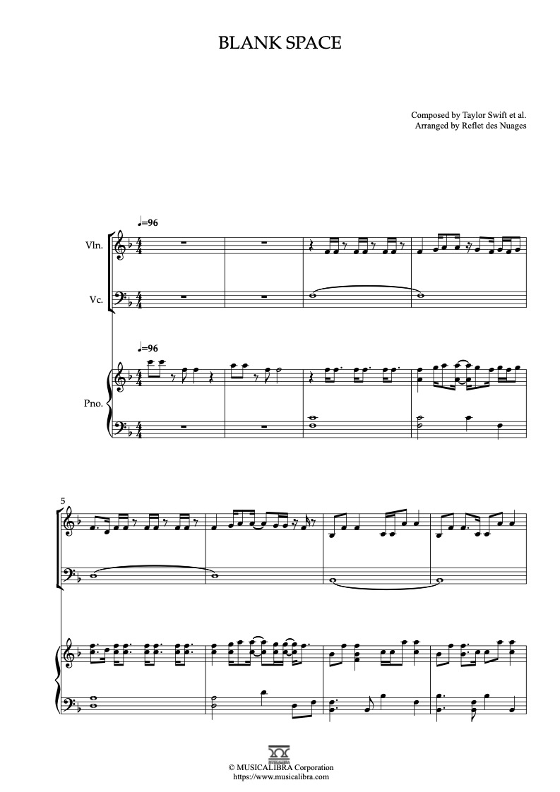 Taylor Swift Blank Space 三重奏 乐谱 - 小提琴, 大提琴, 钢琴
