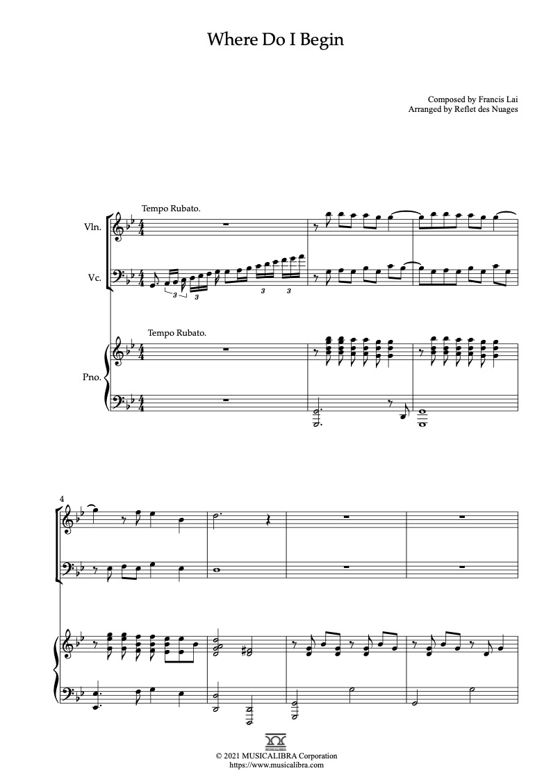 Sheet music of Where Do I Begin(Love Story Theme) arranged for violin, cello and piano trio chamber ensemble preview page 1