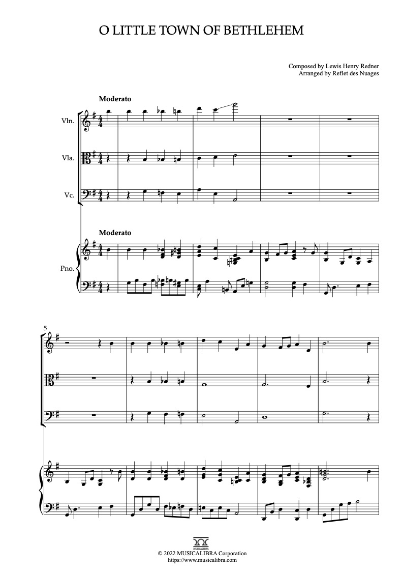 O Little Town of Bethlehem 編曲楽譜 - ヴァイオリン、ビオラ、チェロ、ピアノ 室内楽 アンサンブル