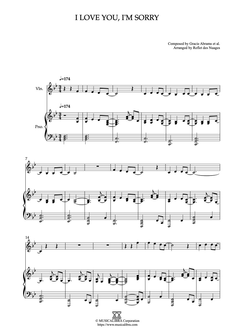 Partitura de Gracie Abrams I Love You, I'm Sorry arreglada para dueto de violín y piano