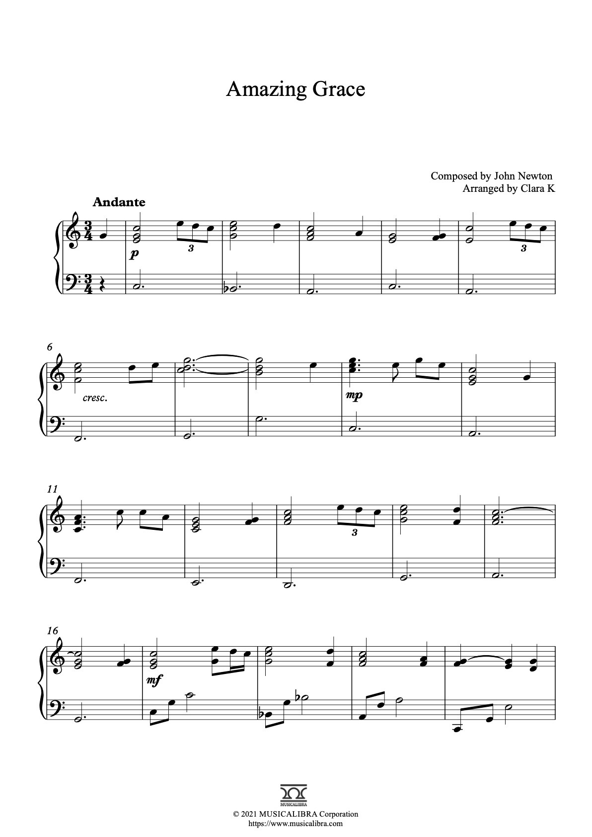 Amazing Grace 鋼琴 獨奏 樂譜