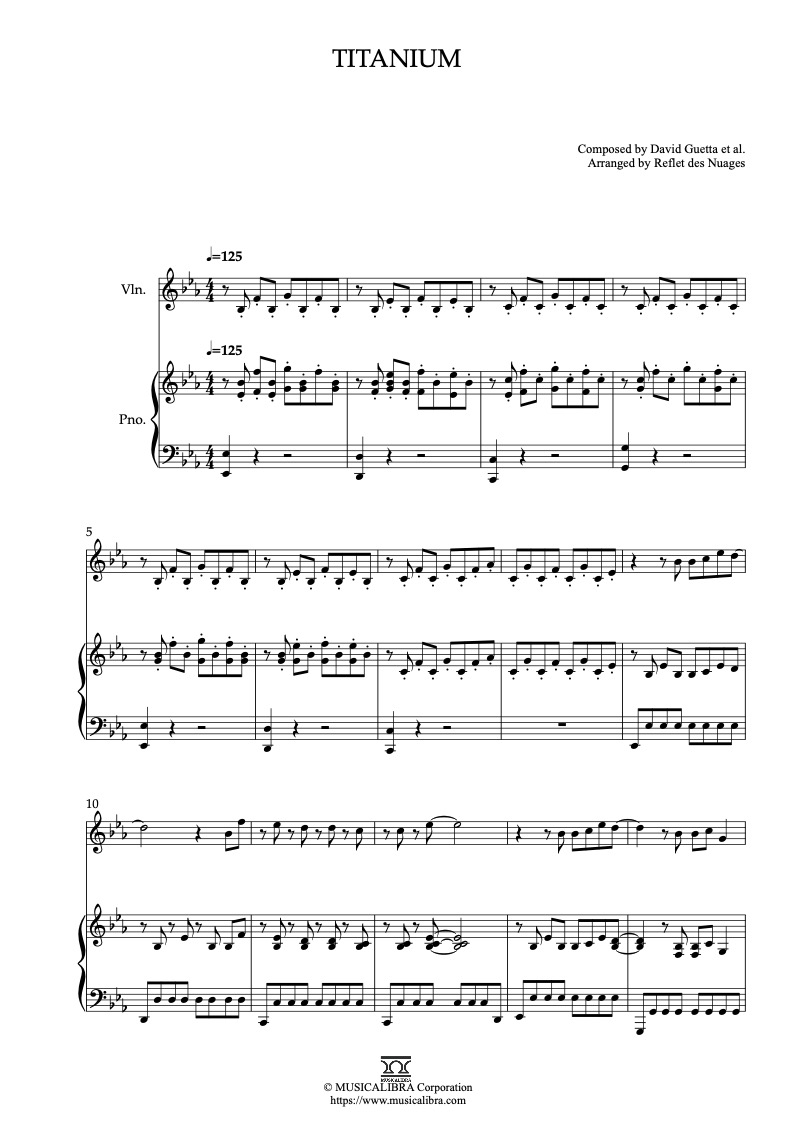 Sheet music of Titanium arranged for violin and piano duet chamber ensemble preview page 1