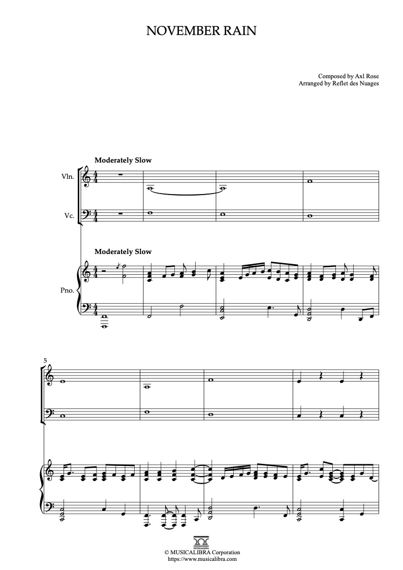 Guns N' Roses November Rain 編曲楽譜 - ヴァイオリン、チェロ、ピアノトリオ