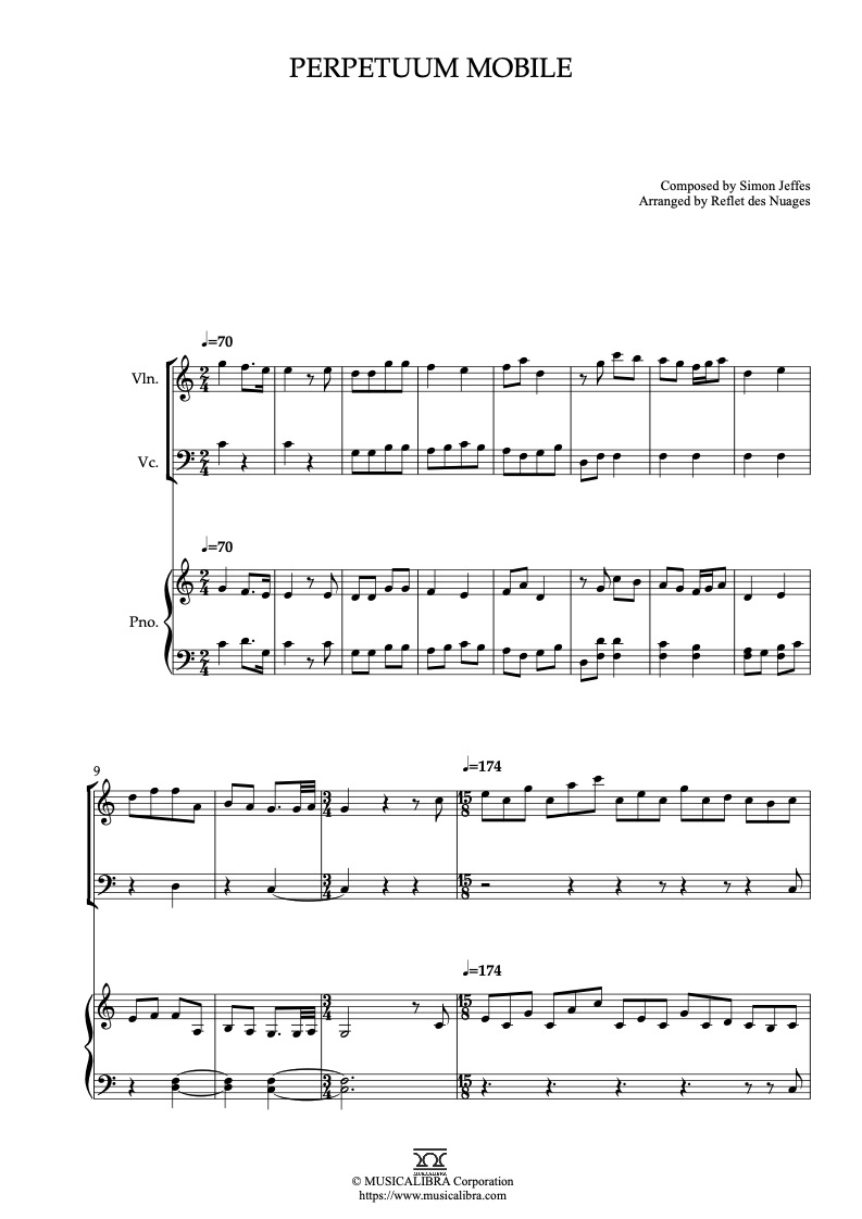 Partitura de Mary & Max Perpetuum Mobile arreglada para trío de violín, violonchelo y piano