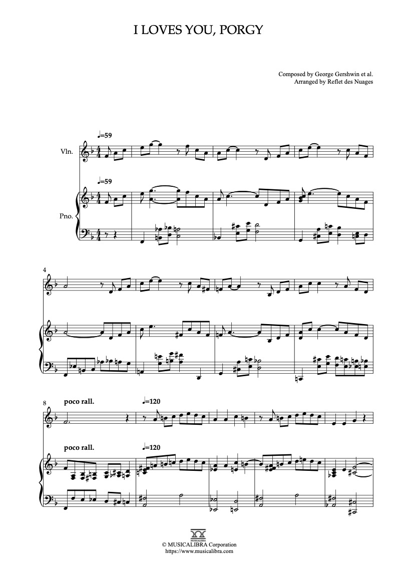 Sheet music of I Loves You, Porgy arranged for violin and piano duet preview page 1