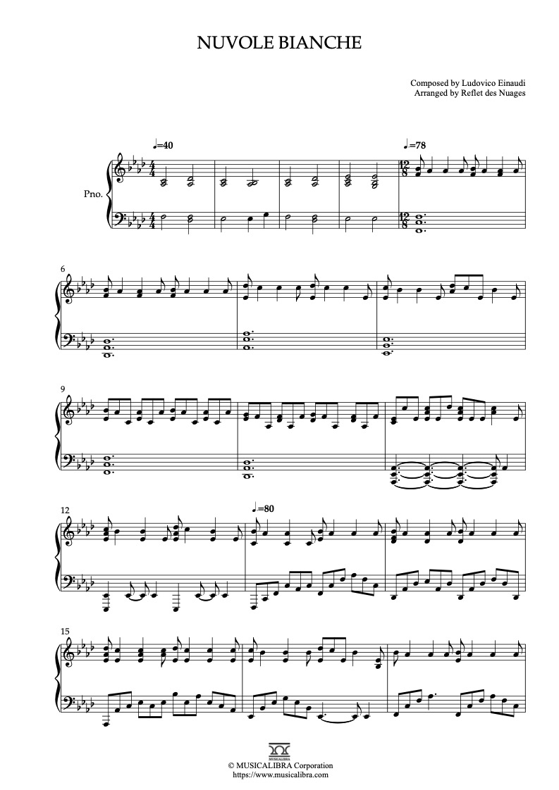 Nuvole Bianche (abridged) sheet music (beginner) for piano solo