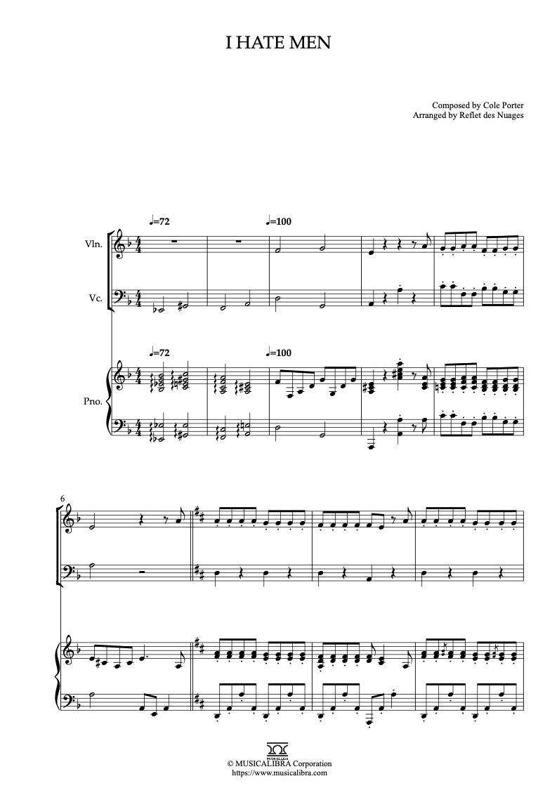 Sheet music of Kiss Me, Kate I Hate Men arranged for violin, cello and piano trio chamber ensemble preview page 1
