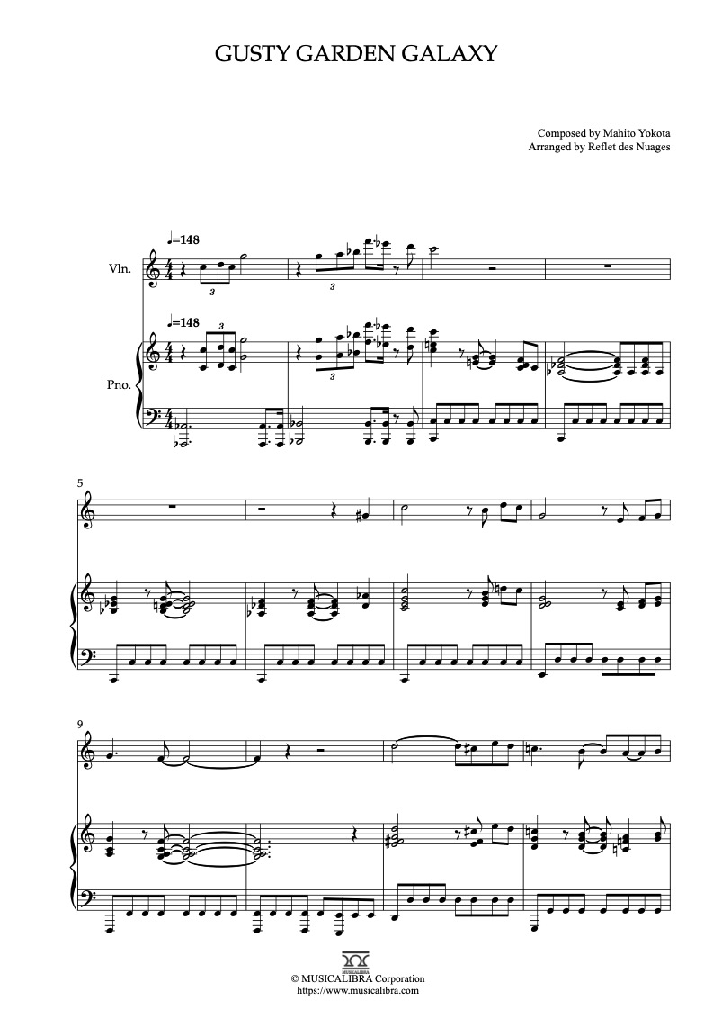 Partitura de Super Mario Galaxy Theme Gusty Garden Galaxy arreglada para dueto de violín y piano