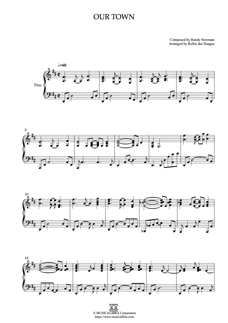 Sheet music of Randy Newman Our Town arranged for piano solo preview page 1