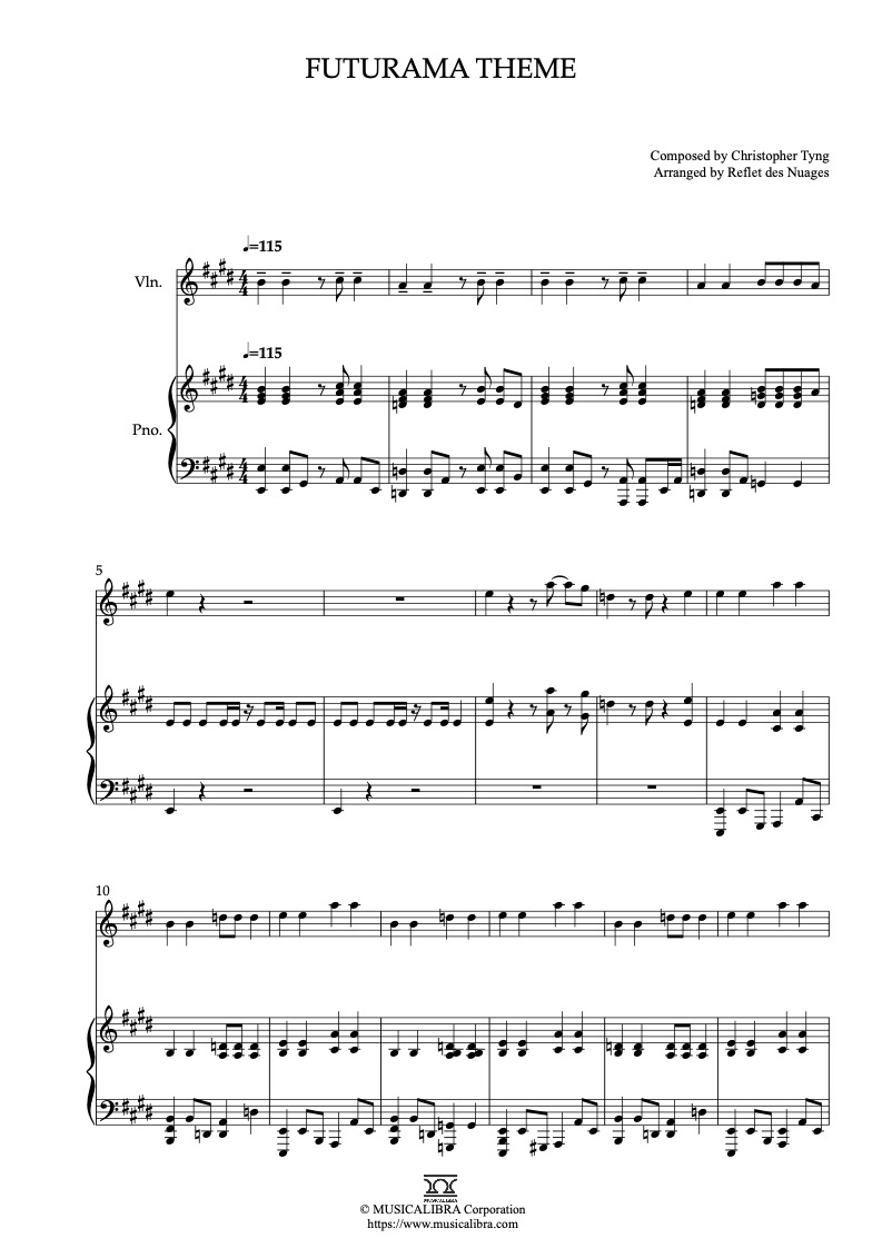 Partitura de Futurama Theme arreglada para dueto de violín y piano