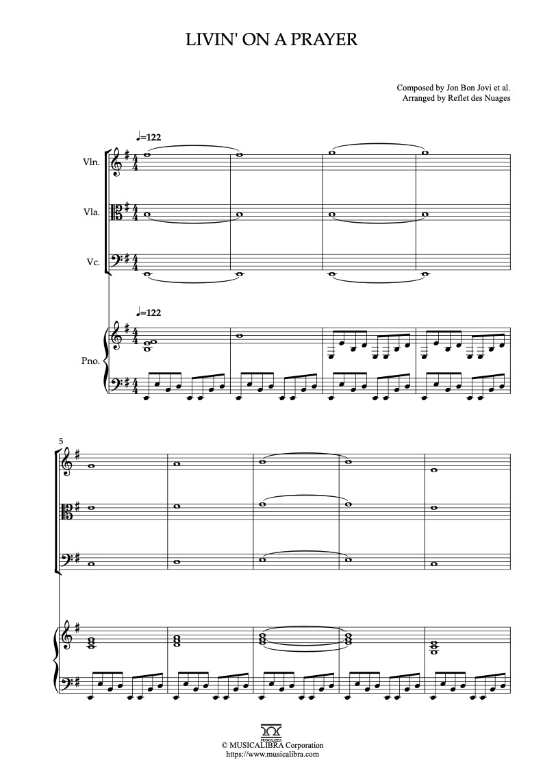 Sheet music of Bon Jovi Livin' on a Prayer arranged for violin, viola, cello and piano quartet chamber ensemble preview page 1