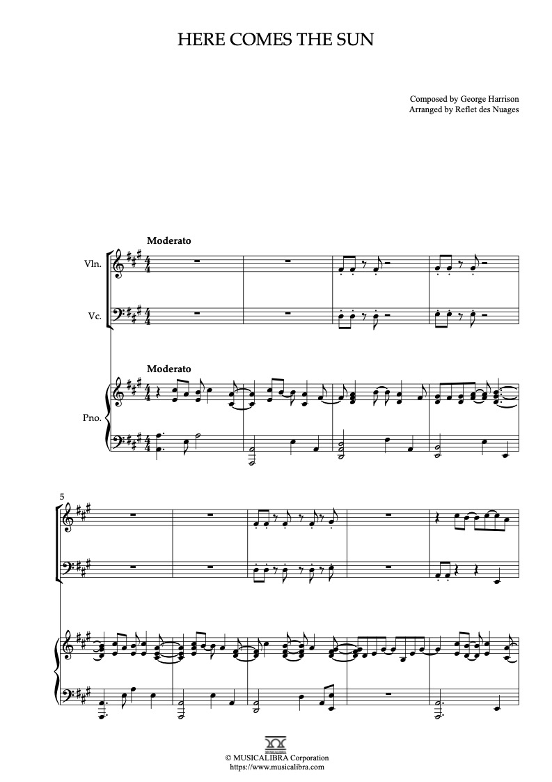 Sheet music of The Beatles Here Comes the Sun arranged for violin, cello and piano trio chamber ensemble preview page 1
