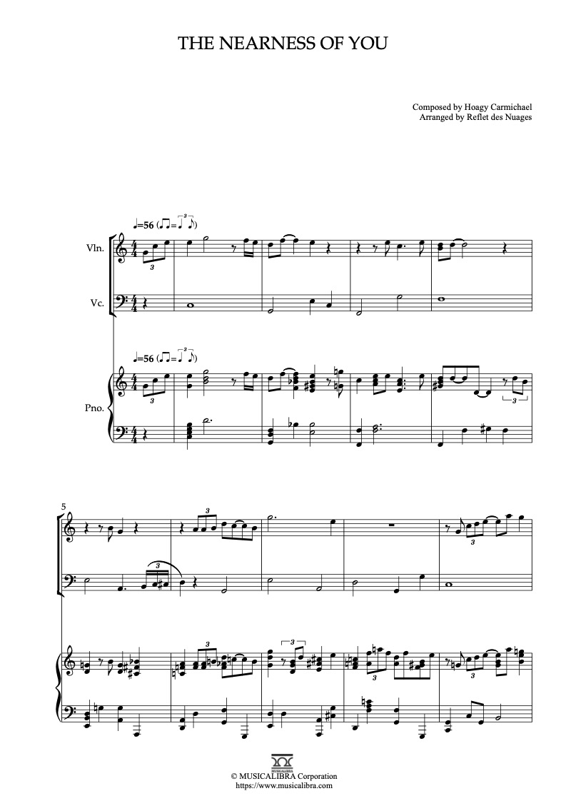Partitura de The Nearness of You arreglada para trío de violín, violonchelo y piano