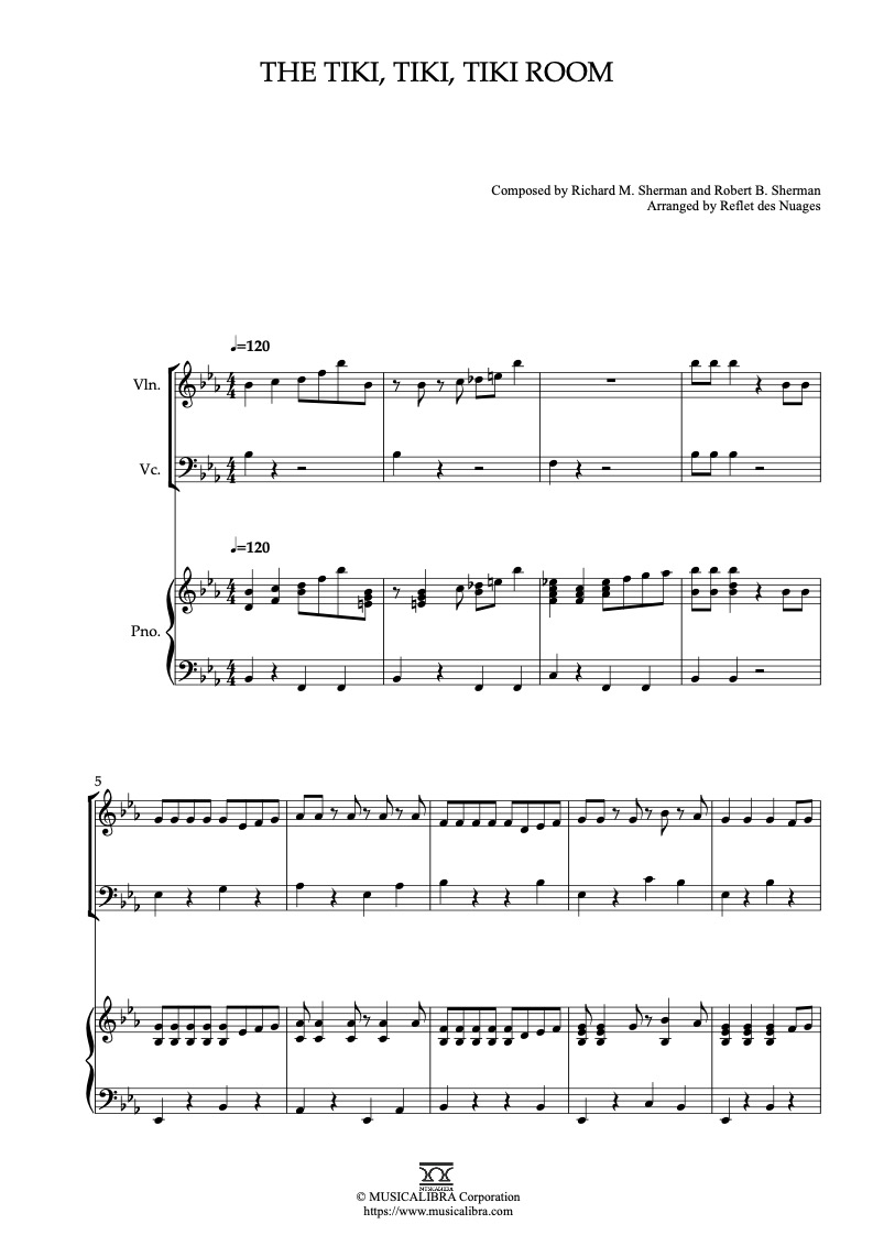 Partitura de The Tiki, Tiki, Tiki Room arreglada para trío de violín, violonchelo y piano