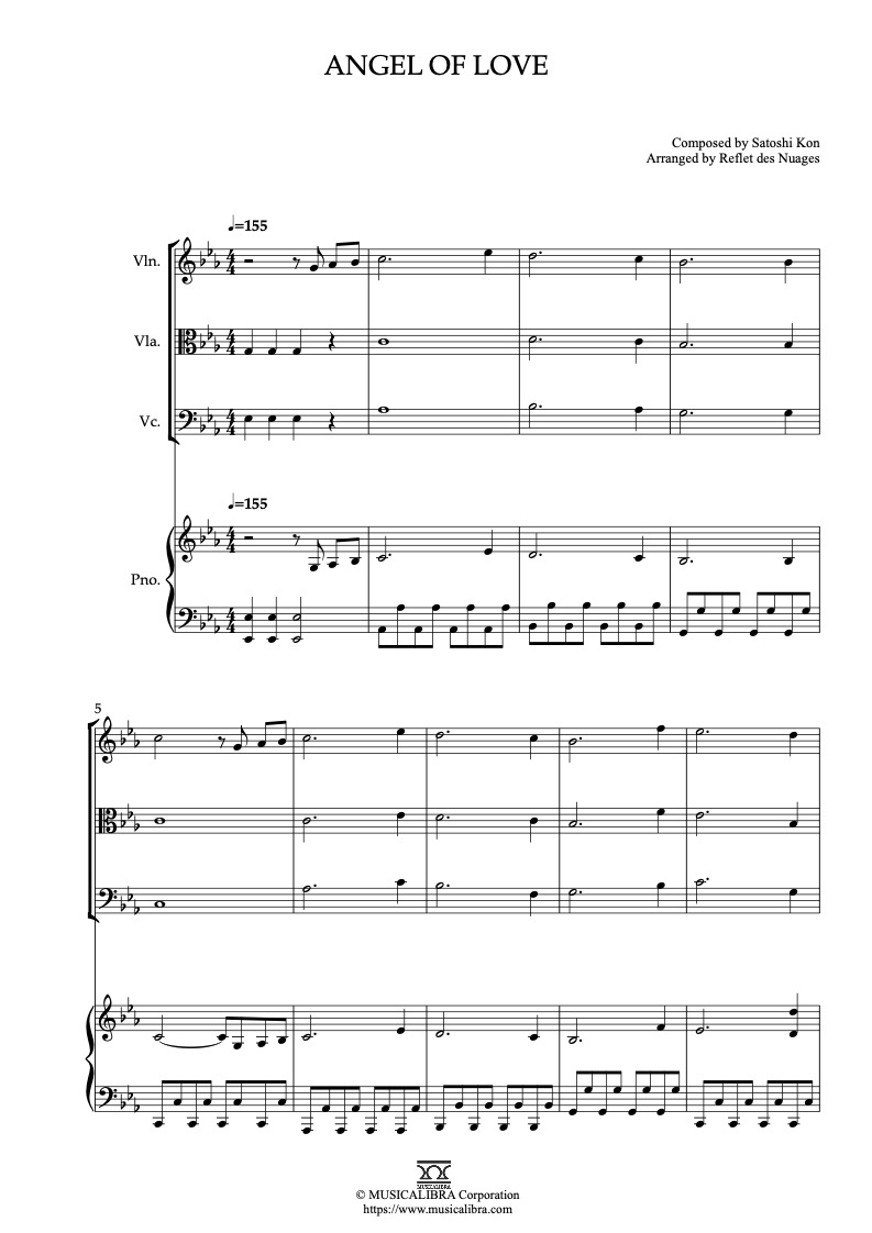 Sheet music of Perfect Blue Angel of Love arranged for violin, viola, cello and piano quartet chamber ensemble preview page 1