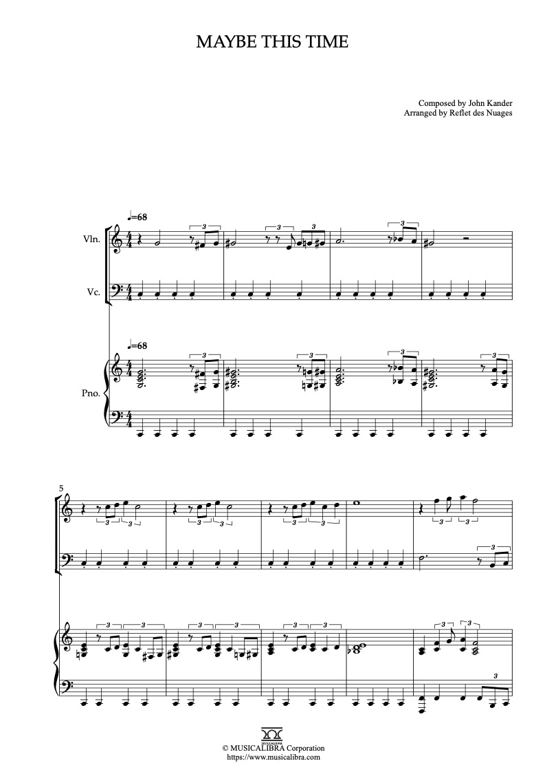 Sheet music of Cabaret Maybe This Time arranged for violin, cello and piano trio chamber ensemble preview page 1