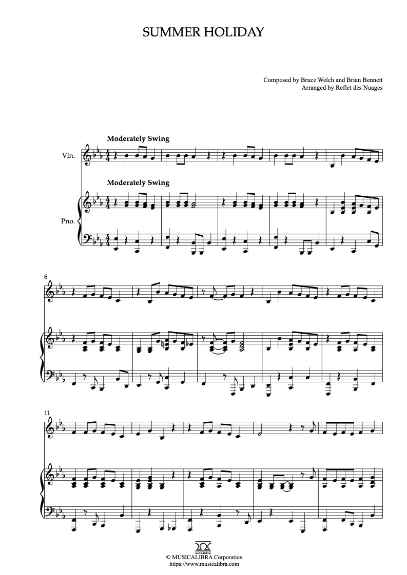 Partitura de Cliff Richard Summer Holiday arreglada para dueto de violín y piano