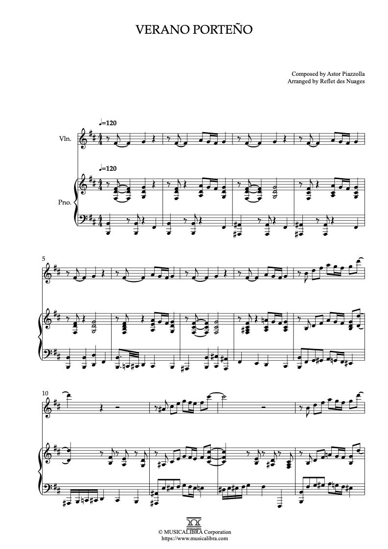 Astor Piazzolla Verano Porteño 二重奏 乐谱 - 小提琴, 钢琴