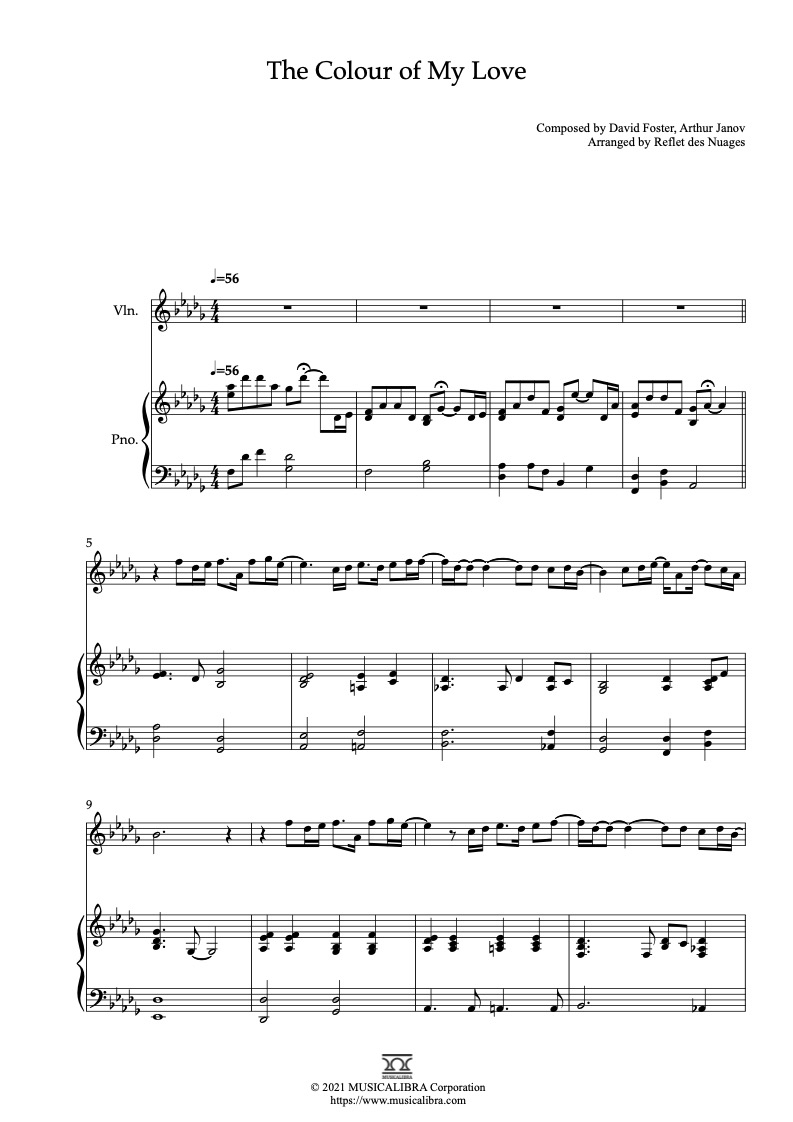 Celine Dion The Colour of My Love 編曲楽譜 - ヴァイオリン、ピアノデュエット