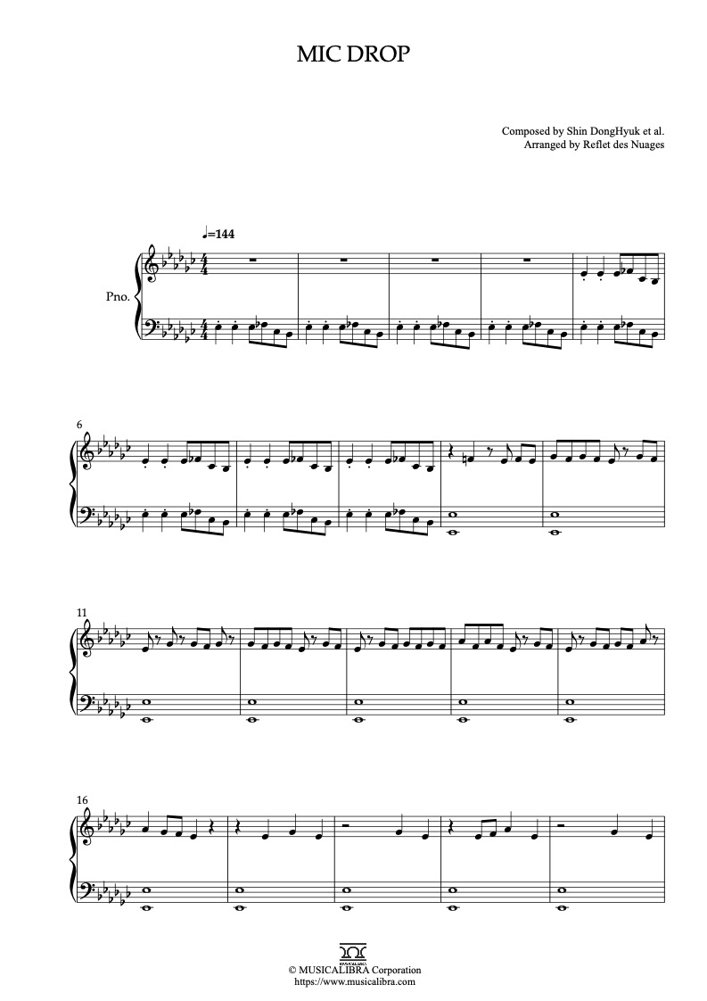 Partitura de BTS Mic Drop arreglada para piano solo