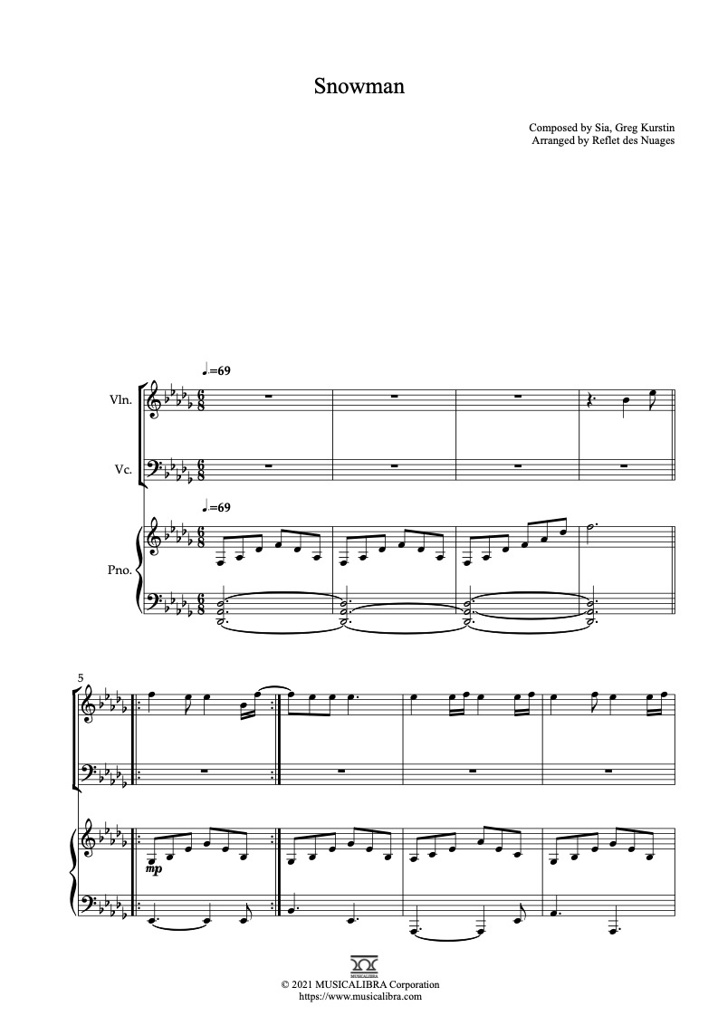 Sheet music of Sia Snowman arranged for violin, cello and piano trio chamber ensemble preview page 1