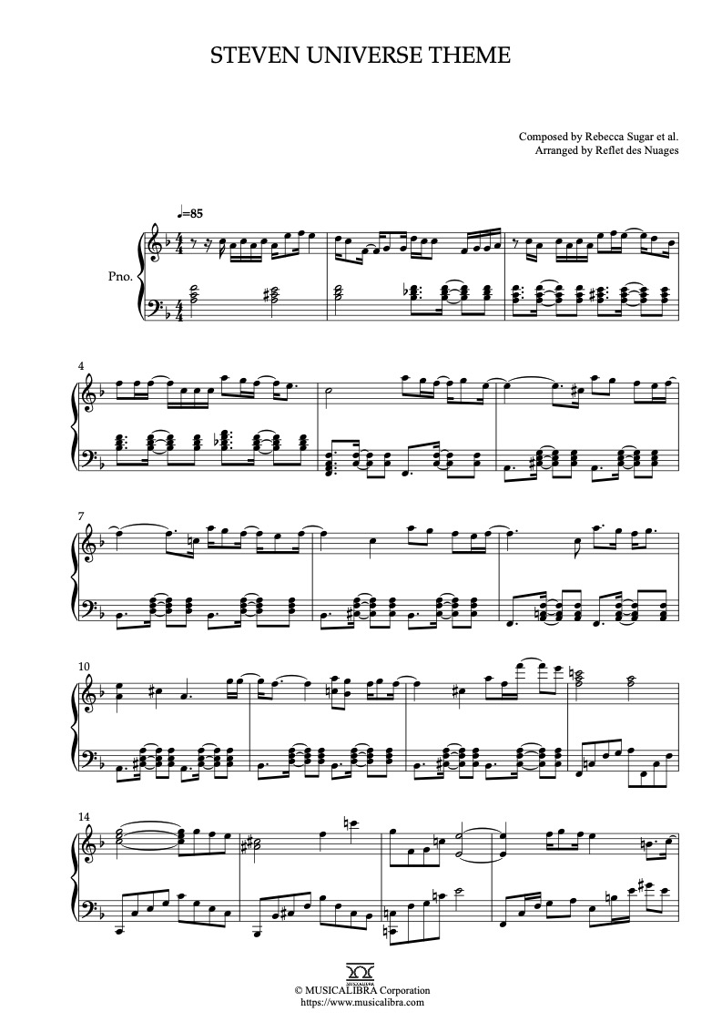 Sheet music of Steven Universe Theme arranged for piano solo preview page 1