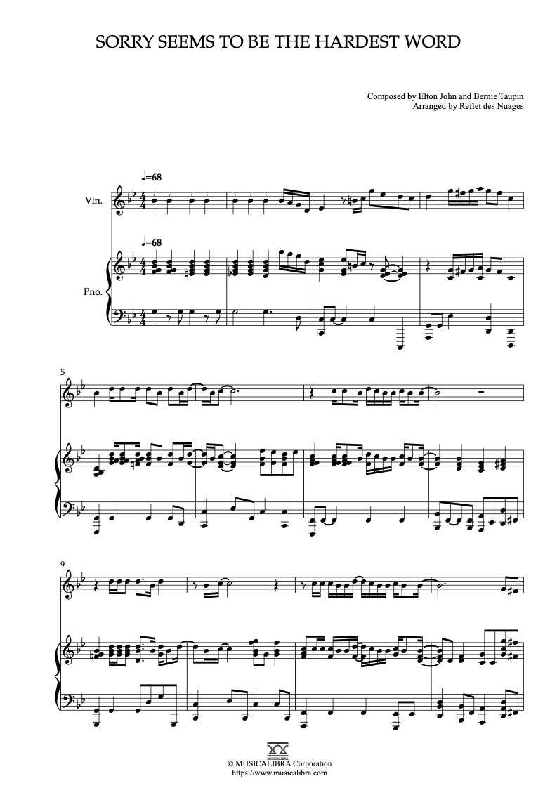 Sheet music of Elton John Sorry Seems to Be the Hardest Word arranged for violin and piano duet preview page 1