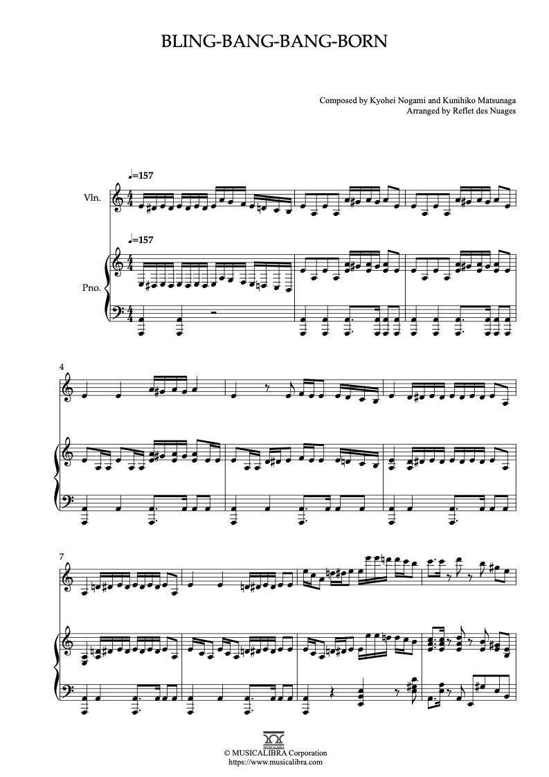 Partitura de Mashle: Magic and Muscles Bling-Bang-Bang-Born arreglada para dueto de violín y piano
