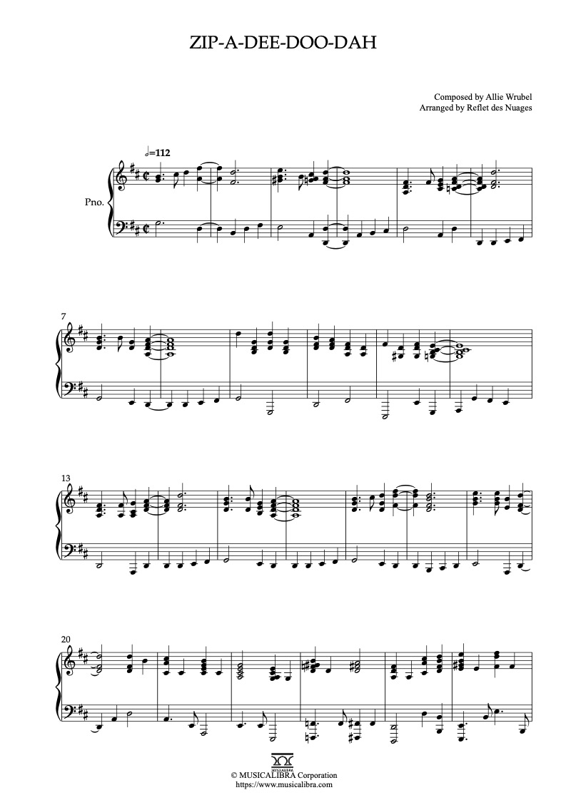 Partitura de The Song of the South Zip-A-Dee-Doo-Dah arreglada para piano solo