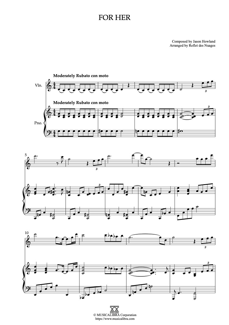 Sheet music of The Great Gatsby For Her arranged for violin and piano duet chamber ensemble preview page 1