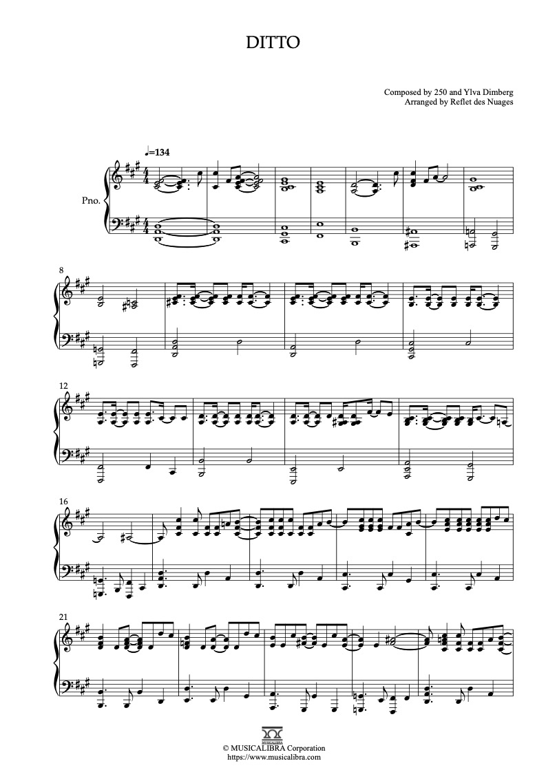 Sheet music of NewJeans Ditto arranged for piano solo preview page 1