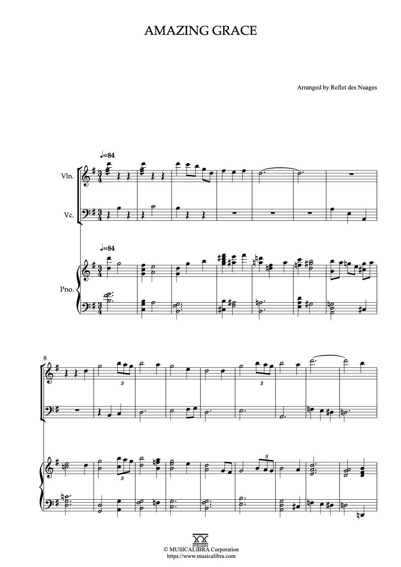 Partitura de Amazing Grace arreglada para trío de violín, violonchelo y piano