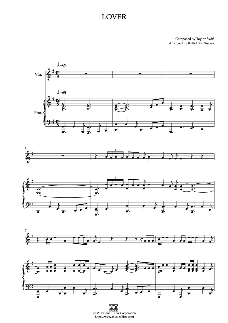 Sheet music of Taylor Swift Lover arranged for violin and piano duet chamber ensemble preview page 1